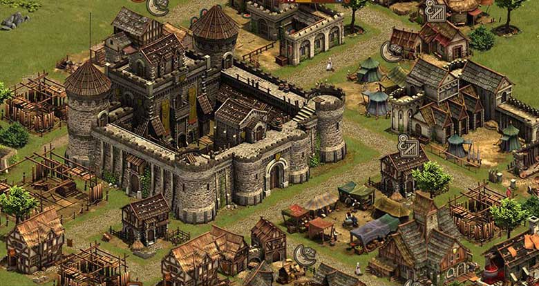 A stone castle surrounded by a growing medieval town in Forge of Empires